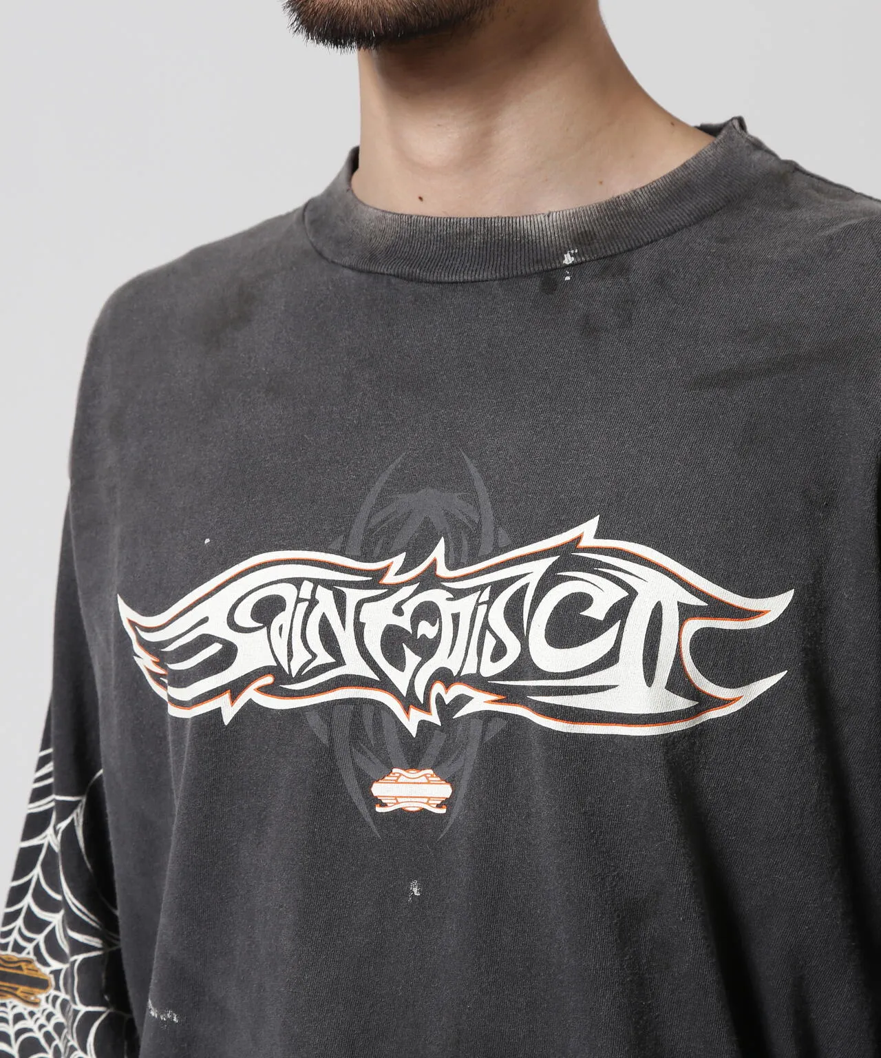 SAINT Mxxxxxx × TEFLON DISCO ML_LS TEE/INSANITY/BLK Spider Web INSANITY Distressed Long Sleeves Washed Black S-XL Ready-to-wear Assute dyeing Maliu water spray fading treatment Customized TEFLON DISCO co-branded accessories Hand-splashed ink Wormhole fraying treatment Authentic level printing process